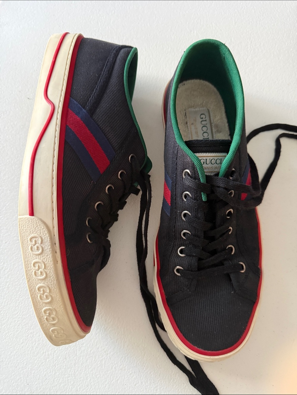 Gucci Men’s Black Canvas Sneakers with Red & Blue Stripe - Picture 2 of 11
